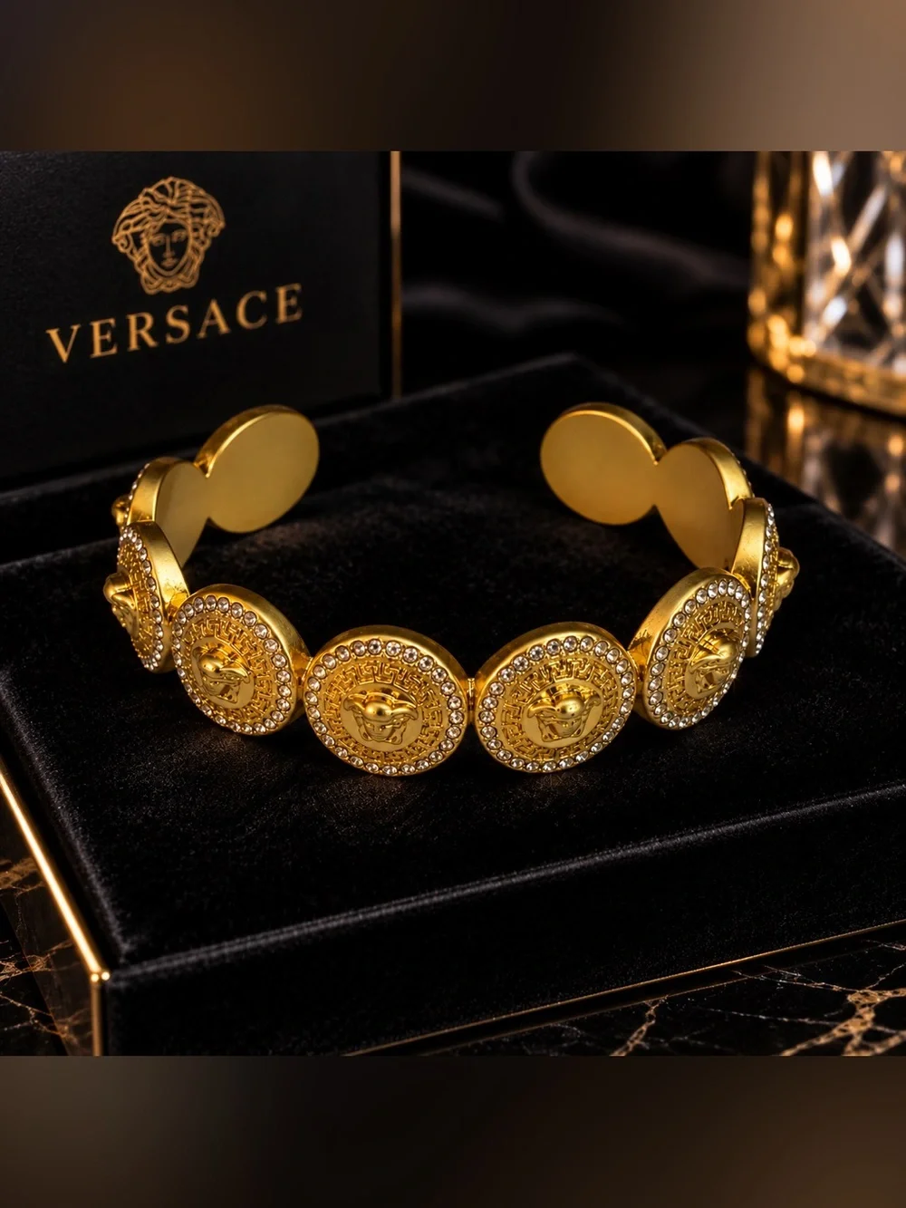 Versace Gold Medusa Crystal Greek Key Open Cuff Bracelet